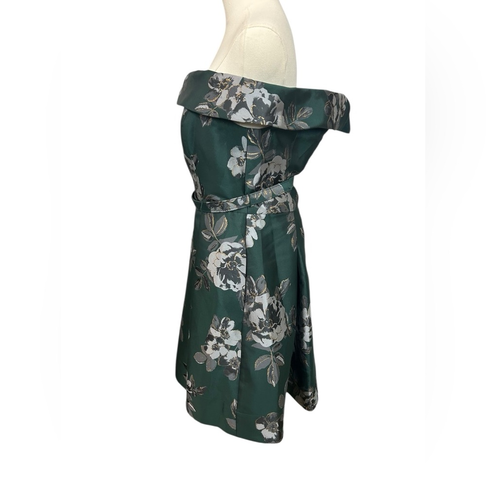 Eliza J Off the Shoulder Emerald Green Brocade Floral Belted Dress Sz 10 - Picture 6 of 16